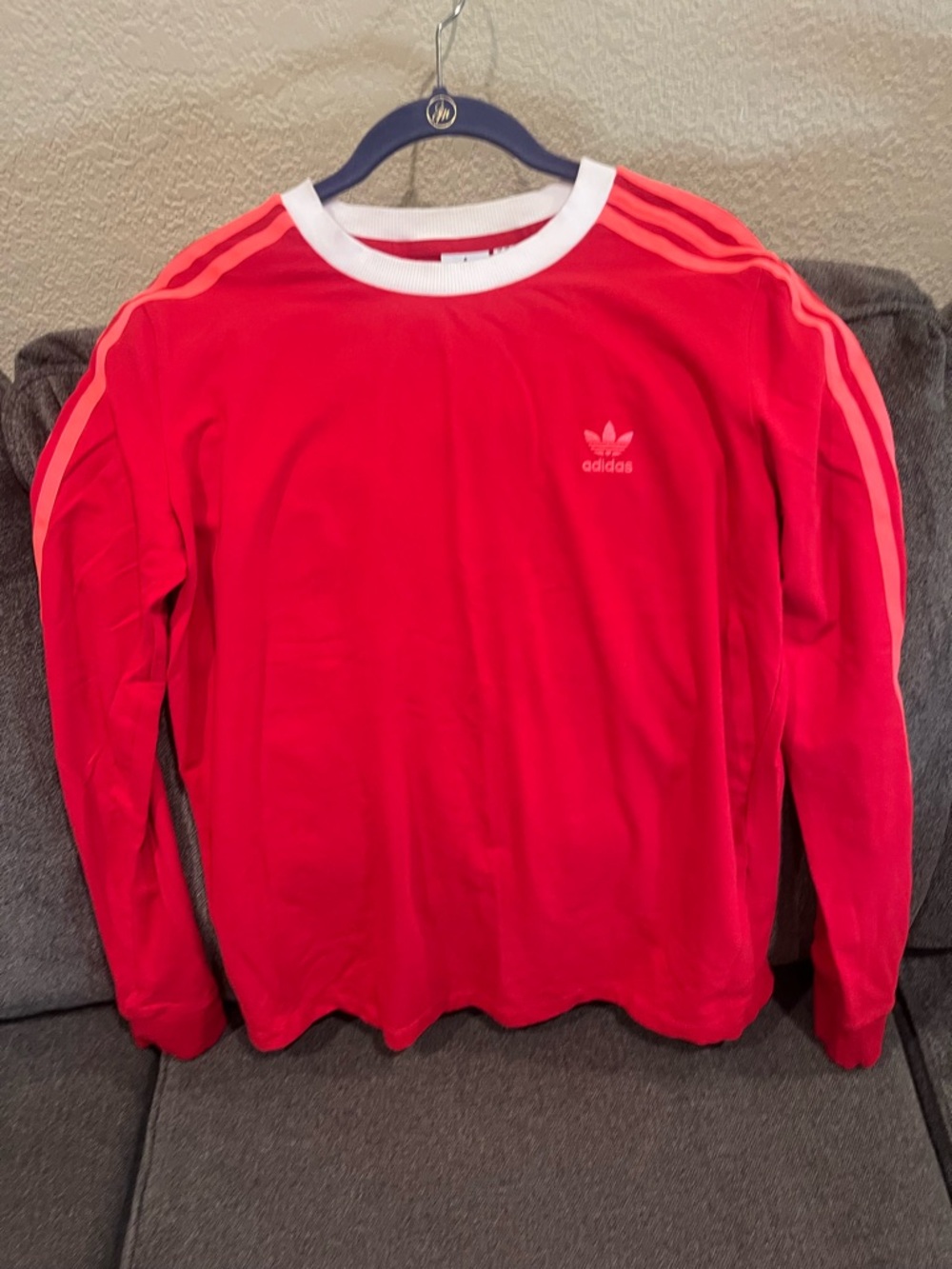 adidas Red Long Sleeve Crewneck with Pink Shoulder Stripes